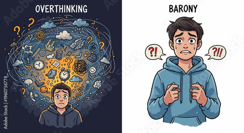 Overthinking vs Barony A visual comparison of anxiety and its overwhelming effects on a person's mind
