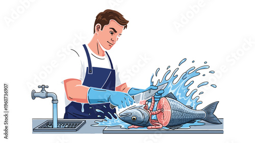 Fresh Fish Preparation: An expert chef meticulously cleans and prepares a fresh fish at a stainless steel sink, highlighting the artistry and care involved in culinary preparation.
