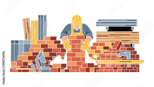 Bricklayer at Work: A skilled bricklayer meticulously constructs a brick wall, showcasing precision and craftsmanship in the building trade. 