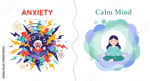 Journey from chaos to calm An insightful illustration contrasting the overwhelming grip of anxiety with the serene peace achieved through meditation and mindfulness practices
