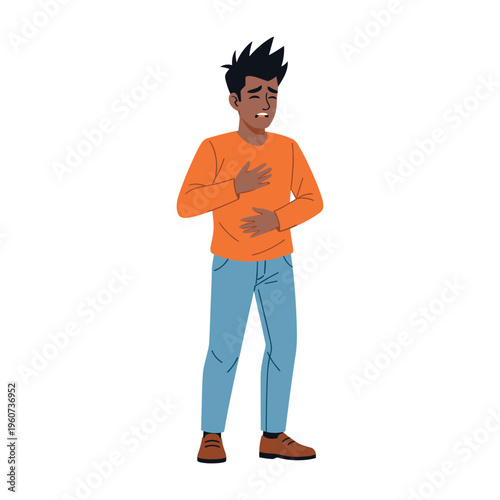 A young man experiencing heartburn or chest pain, clutching his chest and stomach in discomfort