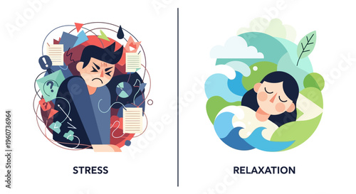 Visual depiction contrasting the challenging journey of stress with the peaceful state of relaxation and mindful well-being