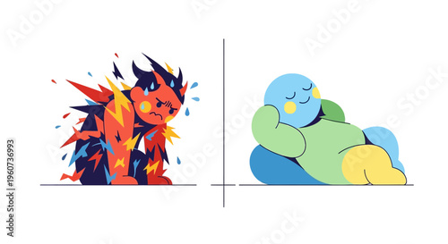 Embodying the stark contrast between intense, fiery emotional struggle and a state of complete, soothing peacefulness