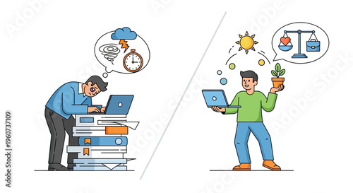 The contrast between a stressed worker overwhelmed by tasks and a balanced individual thriving with a plant and a sun symbol