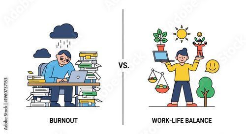 Burnout vs Work-Life Balance Illustration of Overwhelmed Employee vs Happy Individual in Harmony