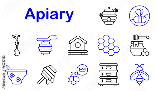 Apiary beekeeping set icon. Line style icons display beehive, flying bee, honey drop, hive box, honeycomb cells, jar, honey dipper, bowl honey, dripping, queen bee