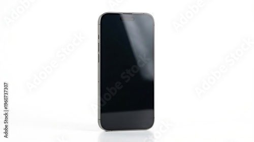 A sleek black smartphone standing upright on a white surface with a subtle reflection