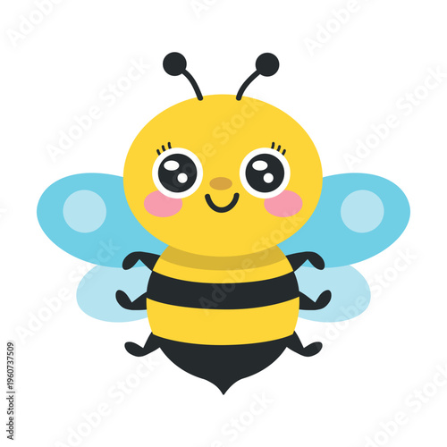 vector bee for kids. Friendly smiling insect in flat vector style. Perfect for nursery design, classroom worksheets, stickers, flashcards and preschool educational materials.
