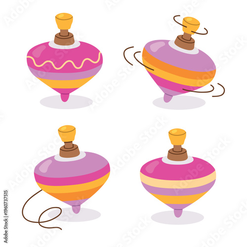 Set of spinning top toys in flat vector style. Classic wooden whirligig tops with motion lines, isolated on white background. Cute children toy illustration for play, education and nursery d