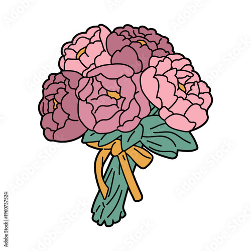 vector peony bouquet illustration with ribbon. Romantic floral arrangement in vector style, perfect for wedding design, greeting cards, invitations and feminine brandi