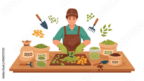 Cultivating Growth: An illustration showcases a gardener meticulously sorting seeds, representing the art of nurturing new life and potential.