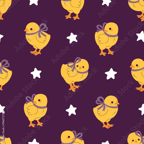 Seamless Chicks Easter pattern with cute chicks wearing purple bows and white stars on dark background. Spring holiday illustration for wrapping paper, textile, nursery decor and festive design.