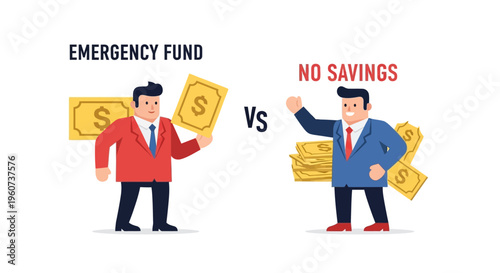 Illustration of an emergency fund versus no savings with a businessman holding money