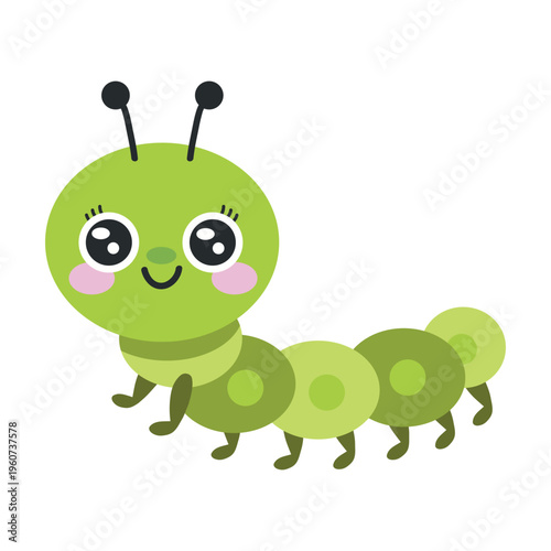 vector caterpillar cartoon character for kids. Friendly smiling garden insect in simple flat vector style. Perfect for nursery decor, flashcards, worksheets, stickers and preschool learning materials.