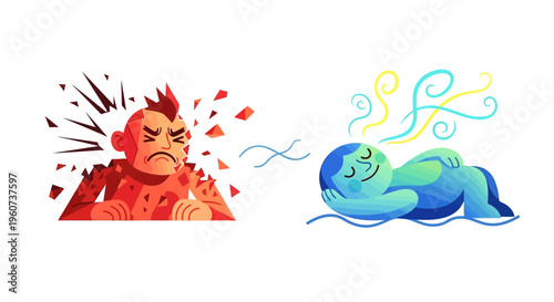 Two figures illustrating stress relief and mental well-being, with one agitated and the other serene