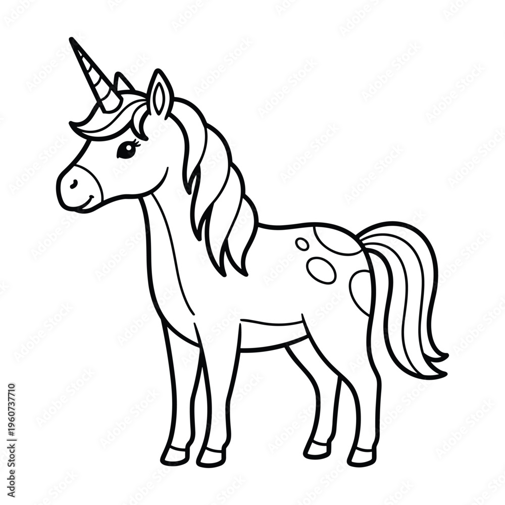 Obraz premium A cute cartoon unicorn with a flowing mane and tail, featuring a prominent horn and gentle expression