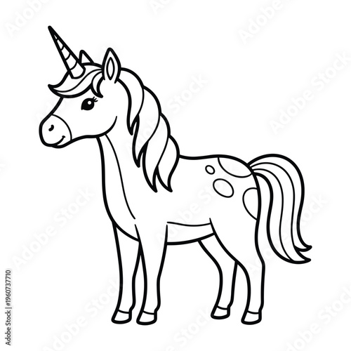 A cute cartoon unicorn with a flowing mane and tail, featuring a prominent horn and gentle expression