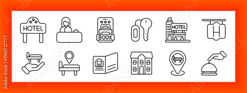Hotel set icon. Hotel sign, reception desk, booking device, key card, building facade, luggage hanger, service tray, location bench, brochure, guest house, map pin, bell service line icons
