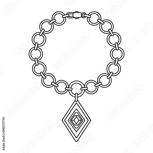 A black and white line art drawing of a necklace with a diamond-shaped pendant on a white background