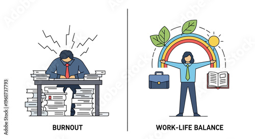 Illustrating the struggle of workplace burnout versus the harmonious achievement of work-life balance and employee well-being