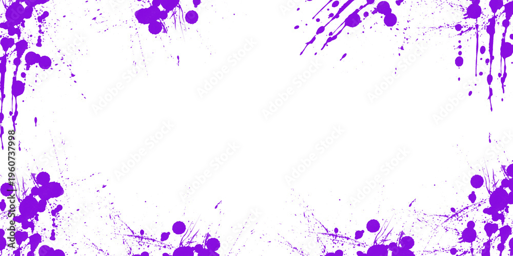 Fototapeta premium Vibrant violet paint splashes frame a dark black background in this edgy grunge abstract art for creative graphic layout