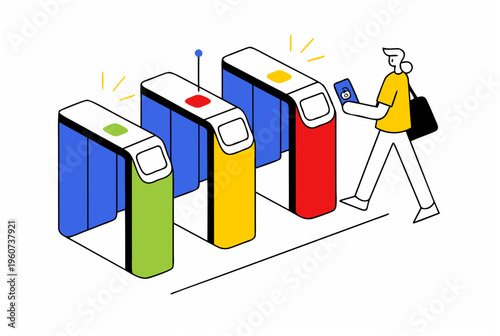 Woman using smartphone for automated self-checkout at turnstile gate. Contactless payment access control technology concept. Vector illustration.