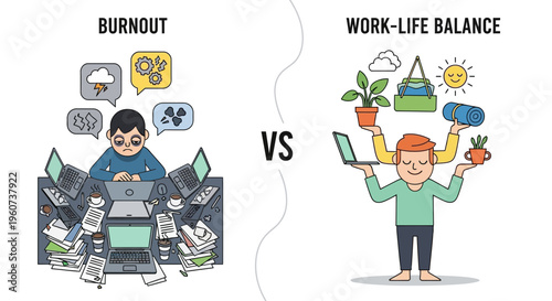 Work-life balance illustration showing stress and burnout versus harmony and self-care