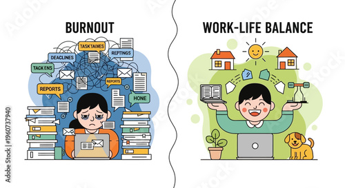 Work-Life Balance vs Burnout A Visual Comparison of Stress and Harmony