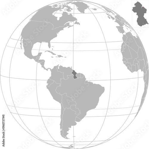 World vector map with country boundaries and graticules (Guyana-centered view, orthographic projection, PPT-compatible & fully editable)	