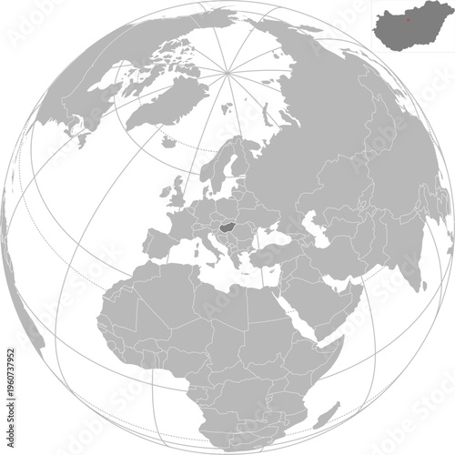 World vector map with country boundaries and graticules (Hungary-centered view, orthographic projection, PPT-compatible & fully editable)	
