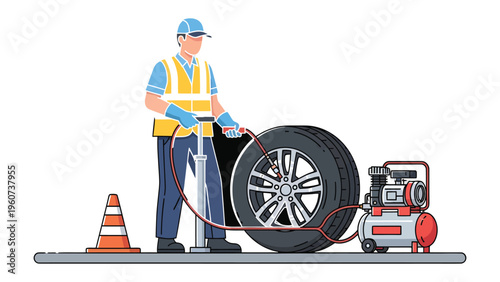 Tire Inflation Process: A skilled mechanic inflating a vehicle tire, demonstrating precision and expertise in automotive care.