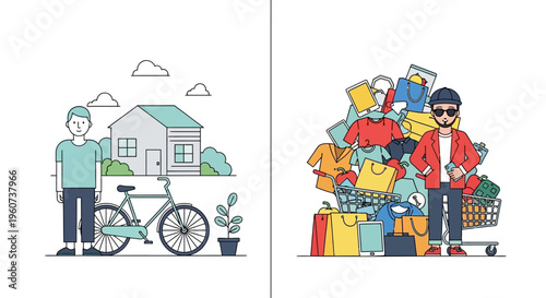 Illustration of a man with a bicycle and house versus a man with a shopping cart full of goods