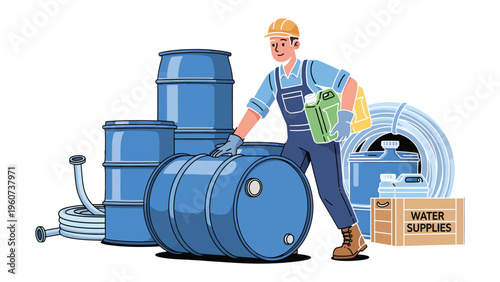 Warehouse Worker with Hazardous Containers: A warehouse worker, meticulously dressed in protective gear, stands amidst a collection of large, blue hazardous material barrels and essential supplies.