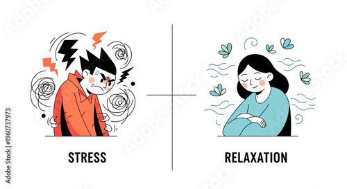 Understanding emotional states A conceptual illustration comparing the tumultuous feelings of stress with the calm tranquility of relaxation