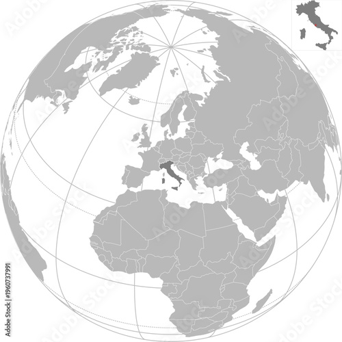 World vector map with country boundaries and graticules (Italy-centered view, orthographic projection, PPT-compatible & fully editable)	