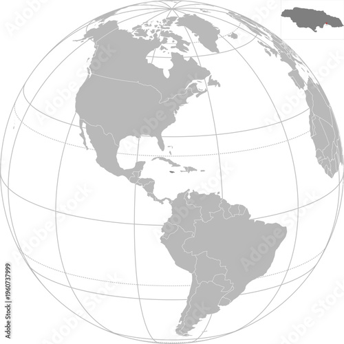 World vector map with country boundaries and graticules (Jamaica-centered view, orthographic projection, PPT-compatible & fully editable)	