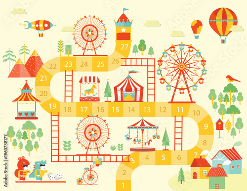 World tour board game template,Funny frame, ladders game,Ferris Wheel colorful from amusement park,Vector illustrations.