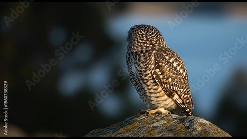 Close-up of a burrowing owl perched on a rock at sunset, looking alert.