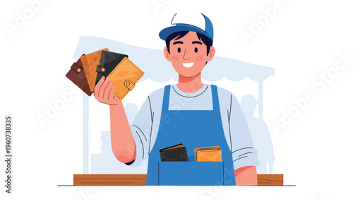 Wallet Vendor: A vendor displays a variety of wallets, showcasing a range of styles and colors in a vibrant setting, offering a glimpse into commerce and customer service.