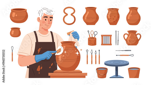 Artisan's Touch: A craftsman meticulously shapes and polishes a clay vessel, surrounded by an array of tools and finished pottery, representing the artistry and care of this ancient craft.