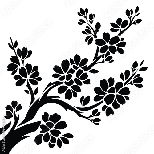 Sophisticated black silhouette of blooming cherry blossom branch, a vibrant vector visual composition part for spring.