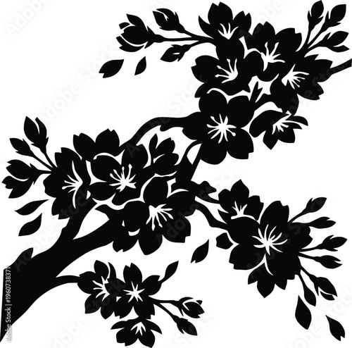 Stylish japanese cherry blossom branch silhouette. stunning oriental sakura flower vector rendering for spring.