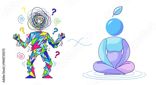 From turmoil to tranquility A vibrant illustration portraying the journey from a chaotic, anxious mind to a serene, mindful state through meditation