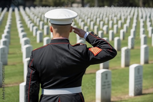 Marine officer salutes rows of white gravestones at cemetery