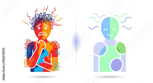 Depicting the contrast between anxiety and inner peace, personified through vibrant and muted color spectrums representing emotional states