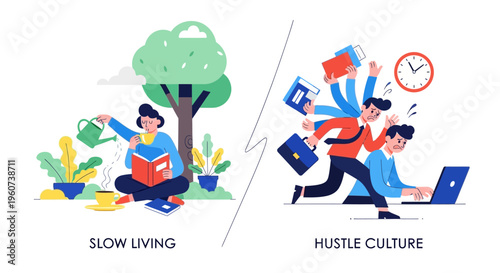 Exploring Modern Lifestyles Contrasting Peaceful Well-being and Mindful Calmness with the Demands of Overwhelming, Fast-Paced Professional Hustle