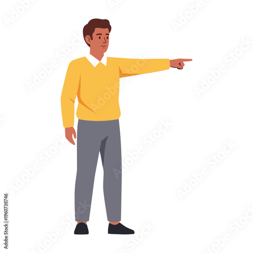 A confident young man with brown hair and a yellow sweater pointing his finger to the right, indicating direction or making a statement