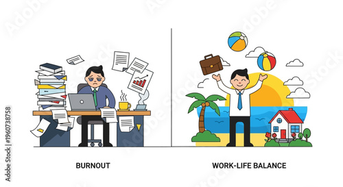 Stressful office environment versus a relaxed vacation showing burnout and work-life balance