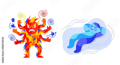 Dynamic visual metaphor exploring the dual nature of human feelings from furious agitation to soothing calm and peaceful repose