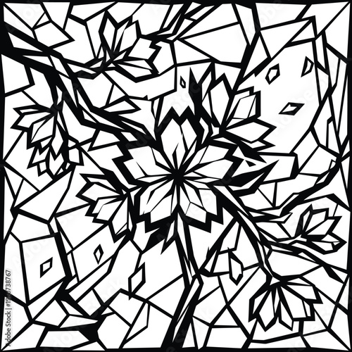 Non-representational geometric floral design drawing in high contrast black and white with up-to-date stylized blossoms.